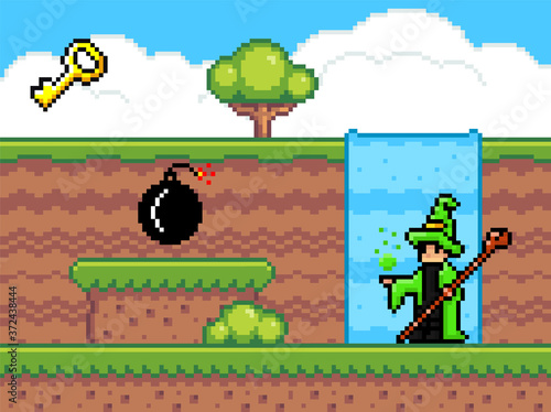 Pixel art game background with wizard and waterfall. Pixel game scene with ground plarforms, tree, waterfall, cloudy sky, bomb, key and magician with stick . Pixel style landscape vector illustration