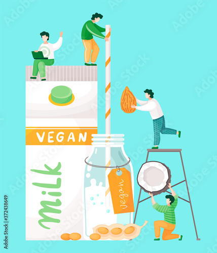 Plant-based vegan nutty milk. Healthy cow alternative to lactose milk. Cartoon illustration of tiny people near big milk bottles and nuts. Banner with milk in bottle, almond nuts, peanut and coconut