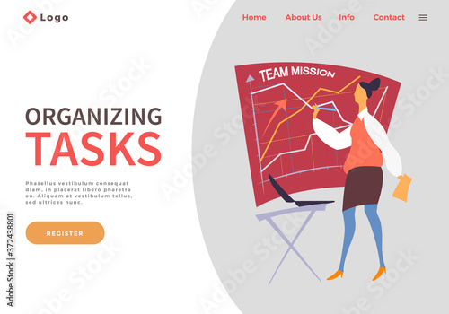 Website concept. Businesswoman standing near board with graphics and drawing, table with laptop. Effectively organizing tasks. Office worker holding paper in hand planning events, team mission