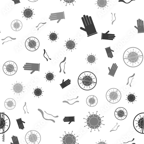 Set Medical rubber gloves, Virus, Stop virus and Ebola virus disease on seamless pattern. Vector.