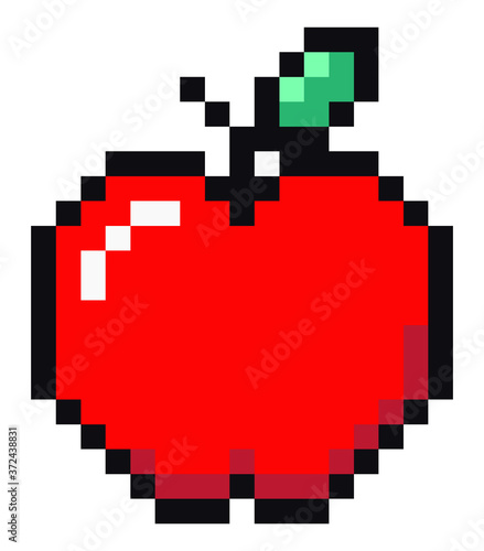Vector illustration of apple pixel design. Red fruit with leaf symbol of pixel game on white background. Healthy food symbol, pixelated nature, environment object. Minimalistic garden fruit vector