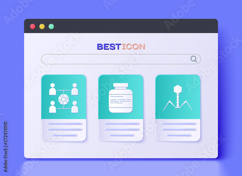 Set Medicine bottle and pills, Virus spread and Bacteria bacteriophage icon. Vector.