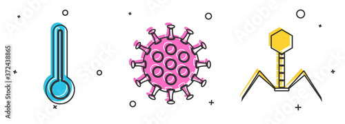 Set Medical thermometer, Virus and Bacteria bacteriophage icon. Vector.