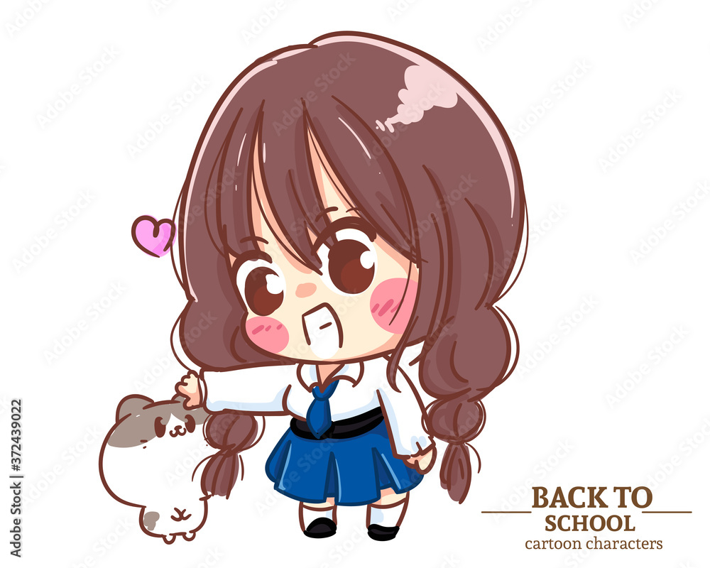 Cute Girl children student uniforms and a cat back to school. Cartoon illustration Premium Vector Cute Girl children student uniforms and a cat back to school. Cartoon illustration Premium Vector
