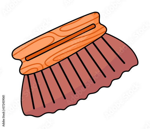 Vector icon in cartoon style isolated at white background. Wooden brush for shoes or clothes, eco friendly concept. Handle brush for cleaning from dirt. Instrument, wet scrubber for using every day