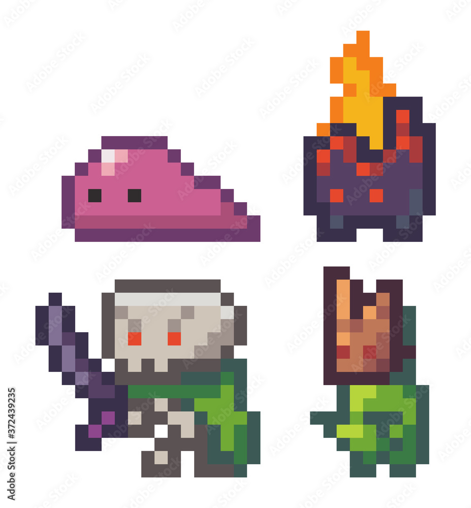 Pixel game style. Slime, burning monster, skeleton with sword, monster in  mask isolated at white background. Pixelated npc in mobile game. World of  8-bit game, graphics in 80s style, attacking monster Векторный