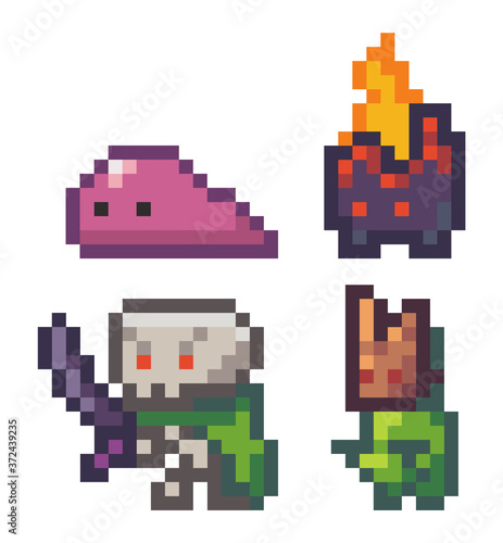 Pixel game style. Slime, burning monster, skeleton with sword, monster in mask isolated at white background. Pixelated npc in mobile game. World of 8-bit game, graphics in 80s style, attacking monster
