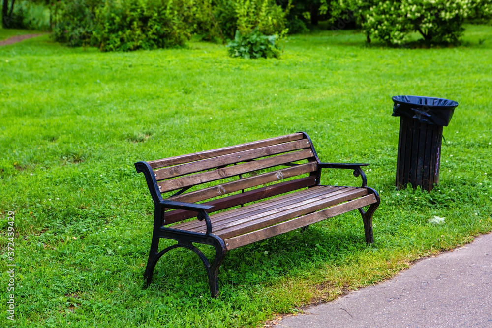 Wooden bench in the Park on the green grass