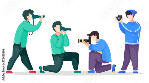 Set of vector cartoon characters isolated at white. Photographers or paparazzi taking photo, shooting with reflex camera, digital camera, photocamera. Photo journalist with professional equipment