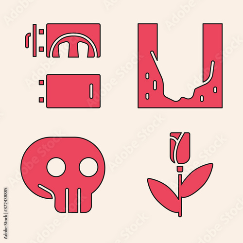 Set Flower rose, Crematorium, Cemetery digged grave hole and Skull icon. Vector.