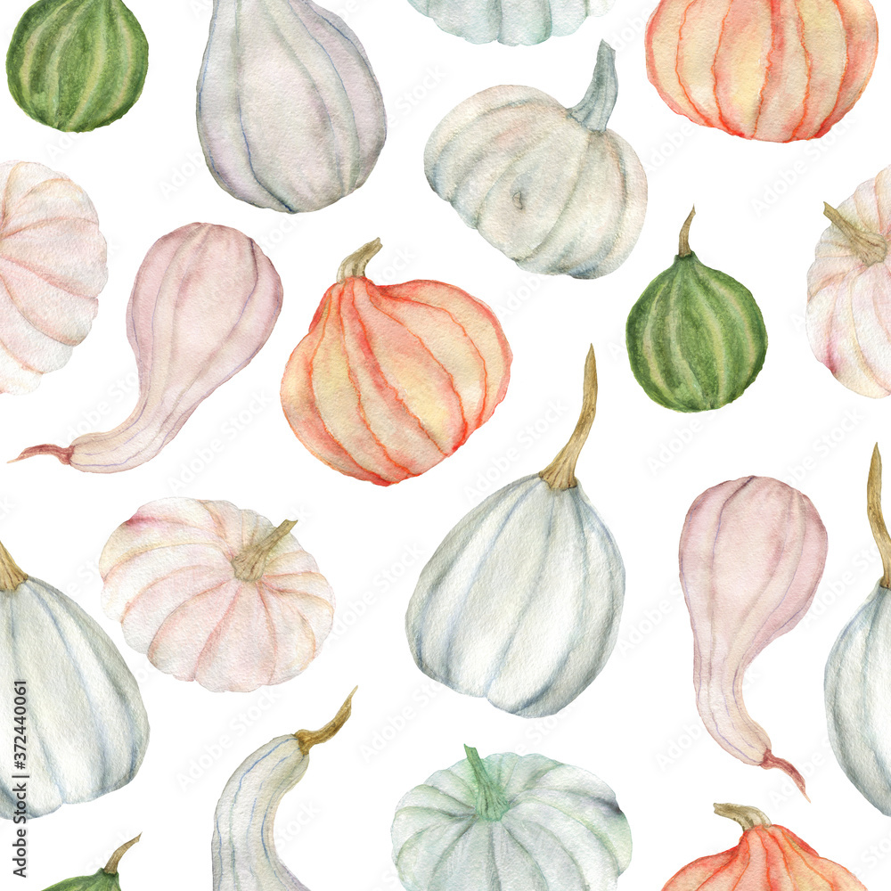 Watercolor painting seamless pattern with vegetables pumpkins Watercolor painting seamless pattern with vegetables pumpkins