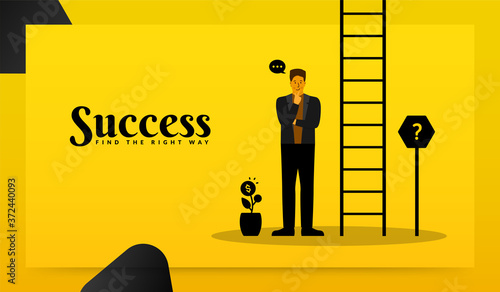 Businessman looking for target business, standing with ladder to success photo