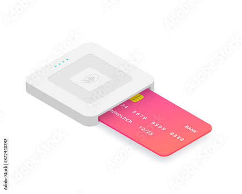 Isometric EMV chip credit card square reader. Secure cashless payment vector illustration. Wireless NFC EMV technology. Square contactless and chip reader with plastic debit card isolated on white