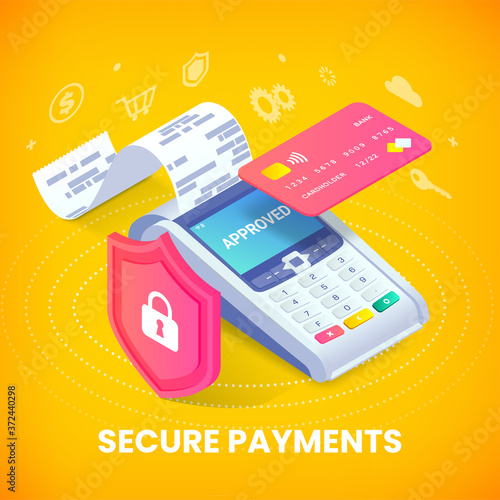 Secure contactless payments via credit card isometric vector banner concept. 3d payment machine printing check, plastic debit card behind shield. Cashless transaction protection, safe NFC payment