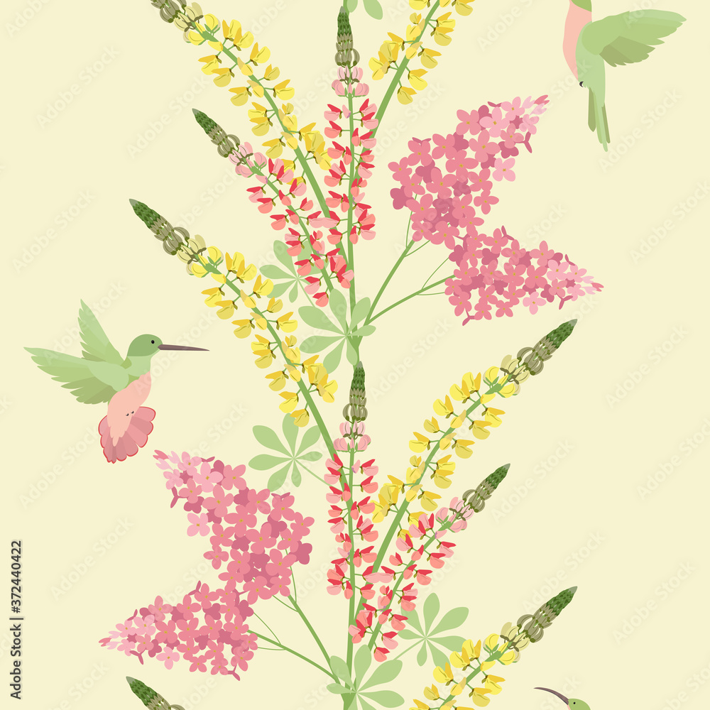 Seamless vector illustration with lilac, lupine flowers and ...