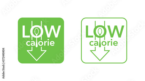 Low Calorie stamp - spoon and arrow down integrated in text - isolated vector emblem