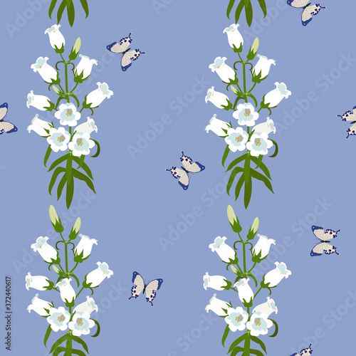 Seamless vector illustration with butterflies and campanula