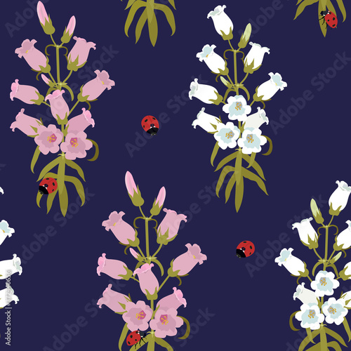 Seamless vector illustration with ladybug and campanula