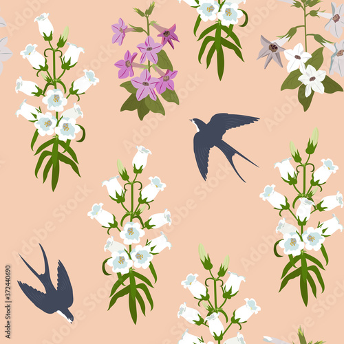 Seamless vector illustration with swallow and campanula