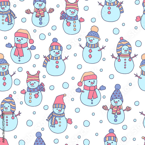 Vector seamless pattern with hand drawn snowmen and snowballs