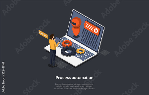 Marketing, Sales And Retail Trade Concept. The Suplier Prints A List Of Orders And Making A Deal With The Customer. Realization Of Goods From The Warehouse. Colorful 3d Isometric Vector Illustration