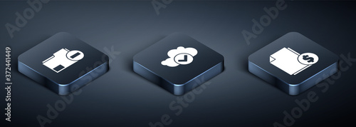 Set Isometric Document folder with minus, Finance document and Cloud with check mark icon. Vector.