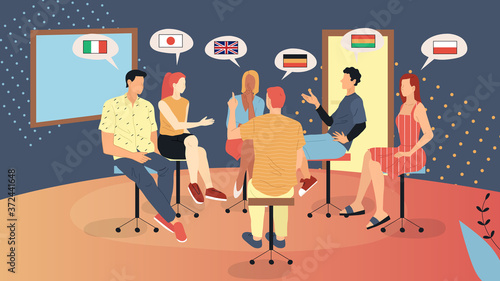 Concept Of English School Or Speaking Club. Male And Female Characters Sitting Indoors And Communicating. Multilingual School With Students Learning Languages. Cartoon Flat Style. Vector Illustration