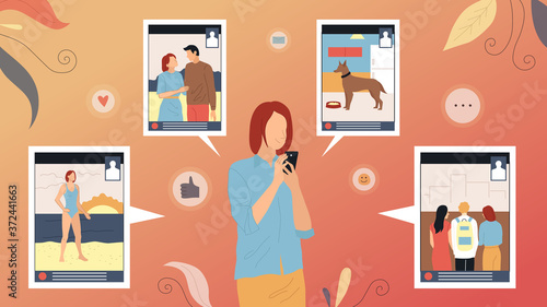 Concept Of Social Networks And Cyberspace. Young Girl Using Gadget To Chat In Social Media With Her Friends. Woman Send Emails, Make Posts And Give Feedbacks. Cartoon Flat Style. Vector Illustration