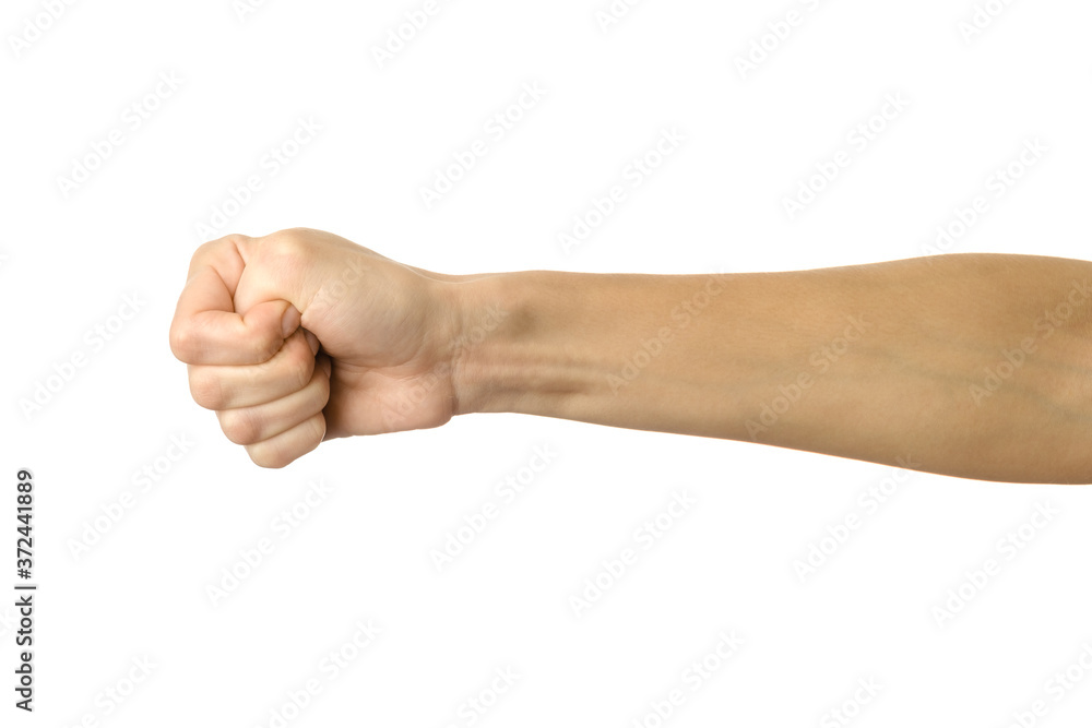 Hand clenched in a fist. Woman hand gesturing isolated on white Hand clenched in a fist. Woman hand gesturing isolated on white
