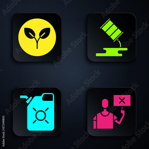 Set Nature saving protest, Bio fuel, Canister for motor oil and Barrel oil leak. Black square button. Vector.