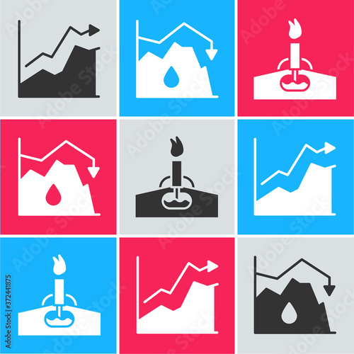 Set Oil price increase, Drop in crude oil price and Oil rig with fire icon. Vector.