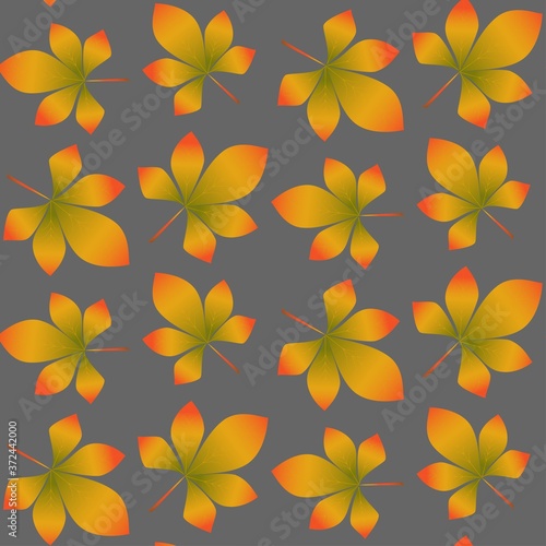 Autumn pattern of colorful chestnut leaves. Design of wrappers, textiles, boxes. Seamless Colorful Autumn Leaves Background Pattern in Vector illustration. Chestnut leaves pattern in abstract style. © Olga