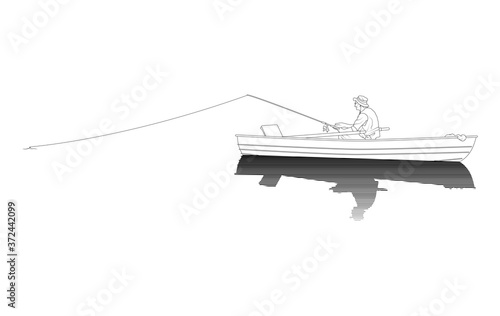 Angler sitzt in einem Boot auf einem ruhigen See mit Spiegelung
