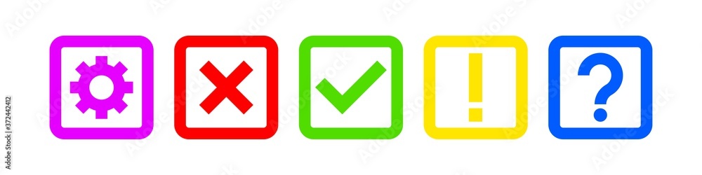 Icon vector set, checkmark, cross, exclamation, question and geer in boxes flat collection. Information sign collection isolated marks illustration Icon vector set, checkmark, cross, exclamation, question and geer in boxes flat collection. Information sign collection isolated marks illustration