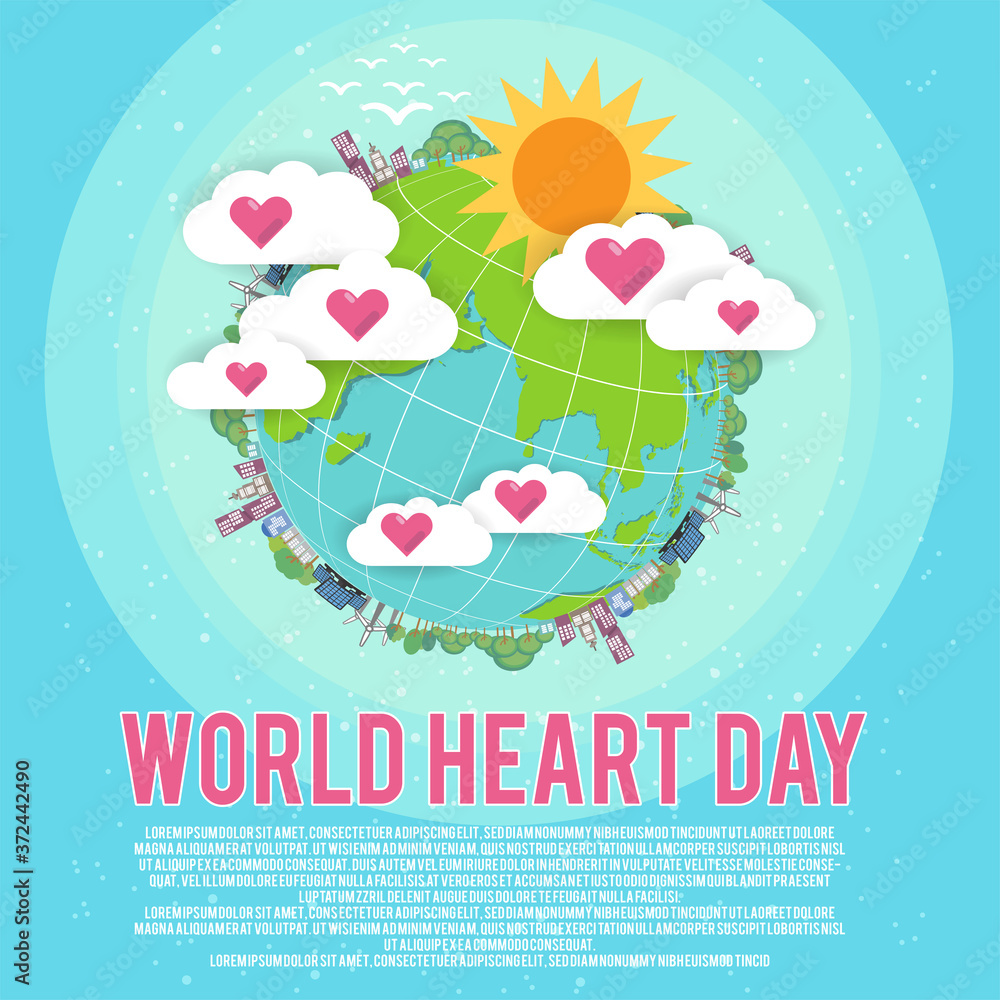 Earth and hearts vector banner or poster with world heart day concept.