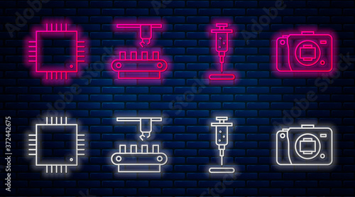 Set line Factory conveyor system belt, Syringe, Processor with microcircuits CPU and Mirrorless camera. Glowing neon icon on brick wall. Vector.