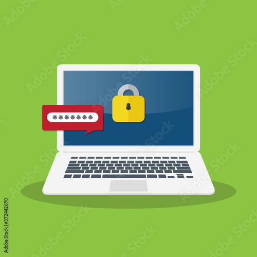 Private access to documents. Notification with authorization, password form on laptop screen.