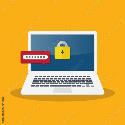 Private access to documents. Notification with authorization, password form on laptop screen.