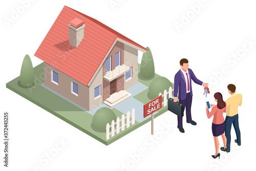 Isometric real estate agent with house model and keys. Buying, selling or renting real estate