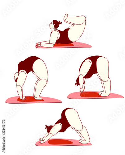 Girl on mat.Illustration of a fat girl exercising. Woman doing yoga at home. Woman in sport, healthy lifestyle.Collection of female characters demonstrating yoga poses isolated for animation.