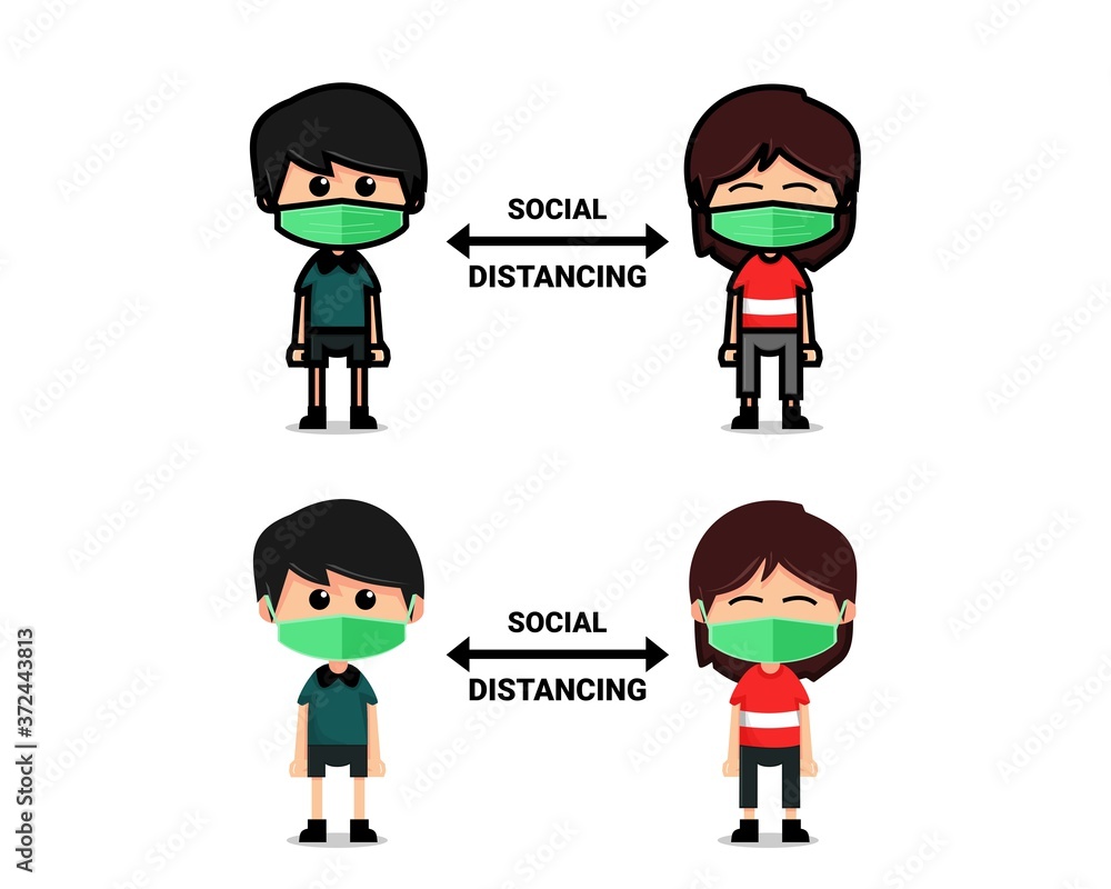 Cute character physical distancing. Keep distance in public to protect from COVID-19. Line and without lineart. Illustration vector Cute character physical distancing. Keep distance in public to protect from COVID-19. Line and without lineart. Illustration vector