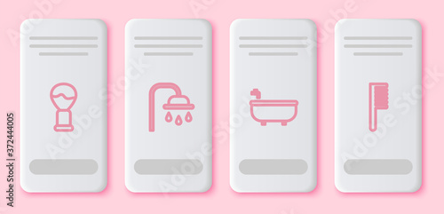 Set line Shaving brush, Shower head, Bathtub and Hairbrush. White rectangle button. Vector.