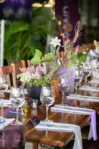 Close up of the table setup for and event.