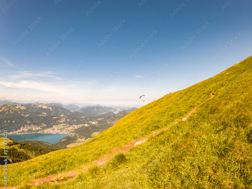 speedflying paraglider launching from mountain top in sunny day, Austria