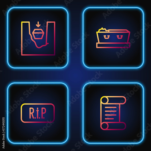 Set line Decree, parchment, scroll, Speech bubble rip death, Coffin in grave and with dead. Gradient color icons. Vector.