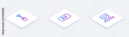 Set Isometric line Shovel, Speech bubble rip death and Coffin. White square button. Vector.
