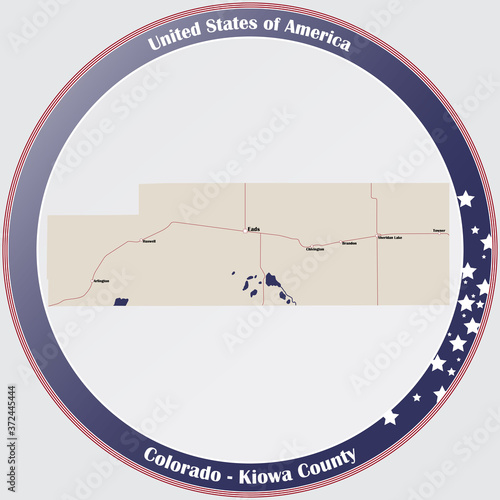 Round button with detailed map of Kiowa County in Colorado, USA.
