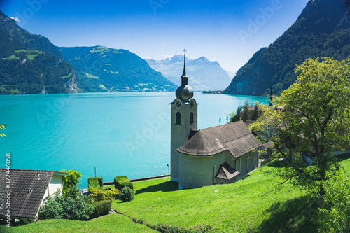 Church in Bauen, on the bank of the Luzern lake, Switzerland. photo