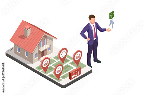 A real estate agent offers a home for rent, purchase or rent. Online real estate search. Isometric illustration Buying, selling or renting real estate