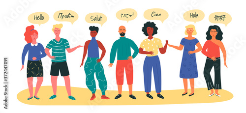 Multinational groop of people welcome in different languages as a concept of learning languages on special courses. Cultural exchange, communication with a native speaker and humanitarian education